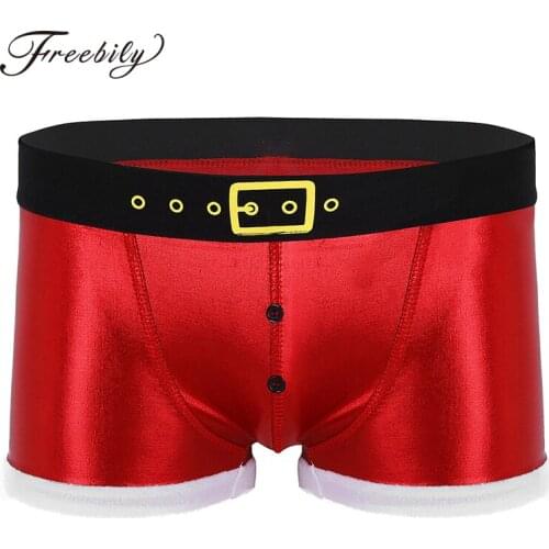 Male Mens Red Christmas Underwear Faux Leather Printed Belt Pattern Christmas Holiday Santa Claus Cosplay Costume Boxer Shorts
