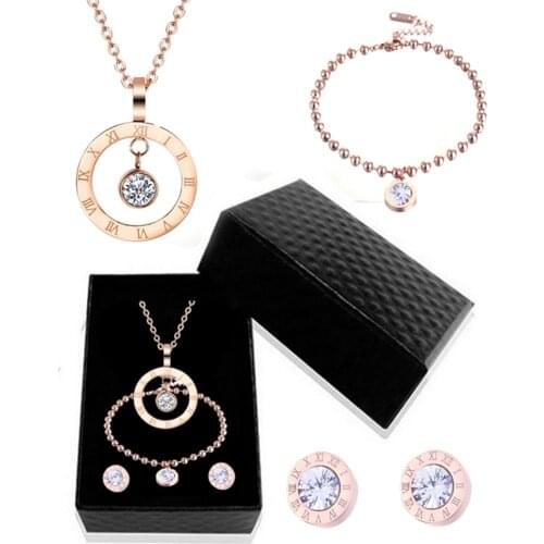 316L Stainless Steel White Zircon Roman Numerals Stud Earrings Bracelet Necklace Set Rose Gold Wedding Jewelry Set