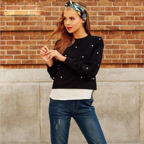 New 2018 Fashion Women Long Sleeve Pearl Sweatshirt Jumper Hooded Pullover Casual Blouse