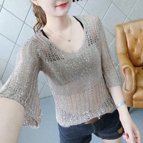 Newest Sexy Women Pullovers hollow out designed light sweater for girls famale loose fitting pullover topwear short sleeve