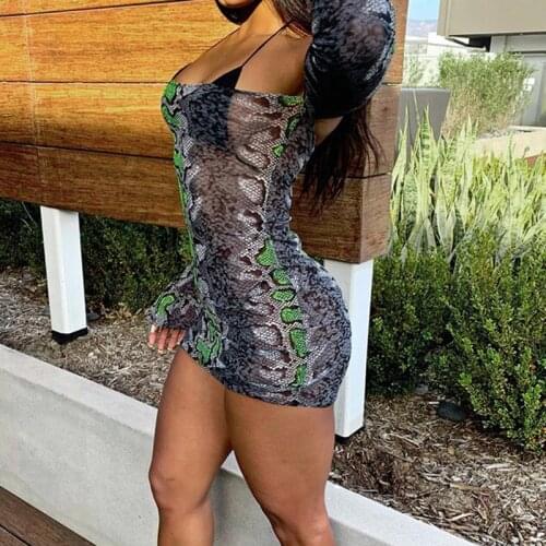 Y2K Spring Fall Hot Sexy Slash Neck Snake Printed Chic Mini Dress Street Style Fashion New Style Flared Sleeves Mesh Sheer Dress