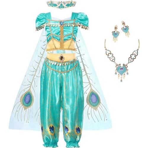 Girls Jasmine Princess dress Cosplay Costume Kids Sequins Halloween Clothing Set Child Party Aladdin Princess Costume Dress up