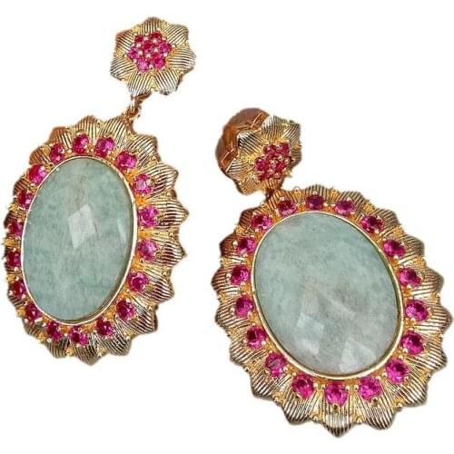 Y.YING Natural Amazonite Faceted Oval Shape Cubic Zirconia Pave Bezel Set Dangle Stud Earrings