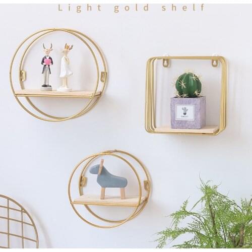 Ynaayu 1pc Nordic Iron Gold Wall Shelf Round/Square/Oval Creative Storage Rack Wall Hanging For Liging Bedroom Home Decorate