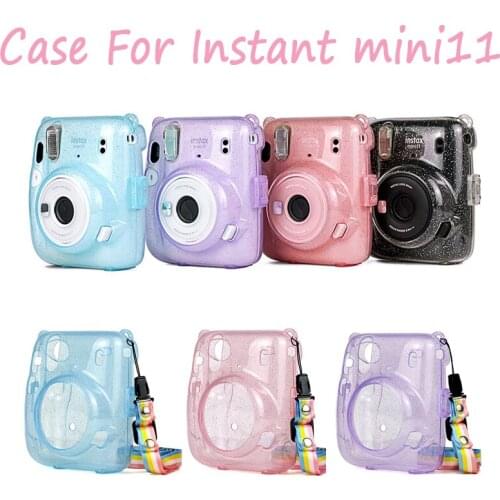 Protective Case For Instax Mini 11 Transparent Crystal Camera Case With Adjustable Rainbow Shoulder Strap Shock-proof Camera Bag