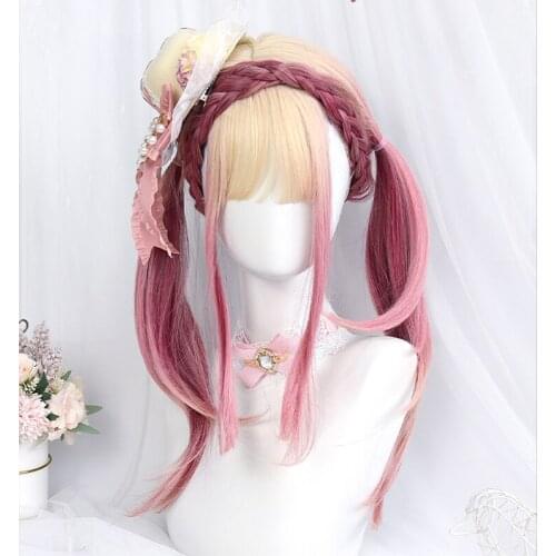 Gray Pink Lolita Wig Golden Top Women Harajuku 55cm Long Straight Wavy Hair Cute Bangs Adult Chic Girls Cosplay Daily Wear