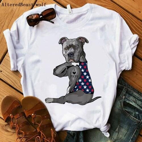 2021 Pit Bull Mom Tshirt Women Summer Harajuku I Love Mom American flag Print T-shirt Funny Short Sleeve dog T Shirt Clothes