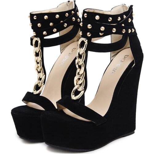 2019 new fashion womens high heels sandals high platform summer club sexy shoe Roman metal chain studded wedges shoes for women