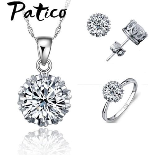 4 Ring Size Women Wedding 925 Sterling Silver Jewelry Sets CZ Cubic Zirconia Necklace Stud Earring Ring Set Wholesale