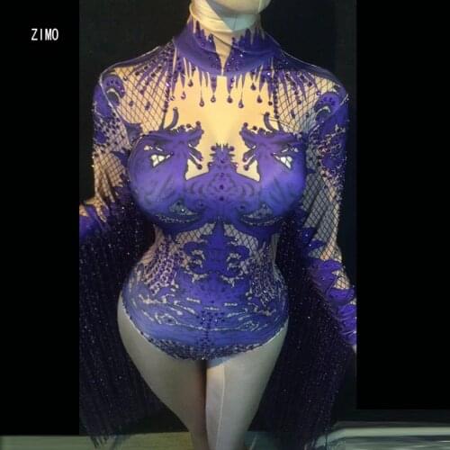 Tassels purple rhinestones bodysuit women long sleeve print night club party sexy outfit singer performance drag queen costumes