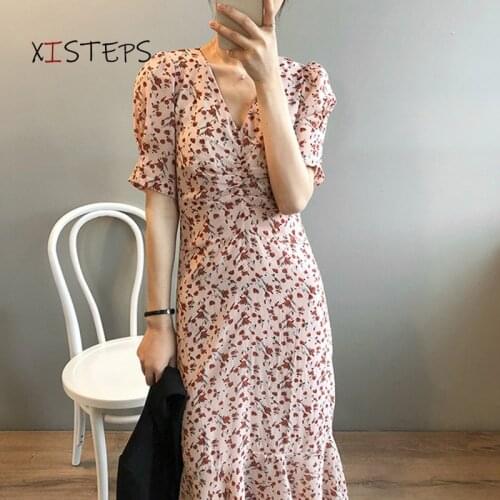 Women Casual V-neck Print Long Dress Spring Summer Long Sleeve Lace-up Women Chiffon Dresses Holiday Floral Female Vestidos 2021