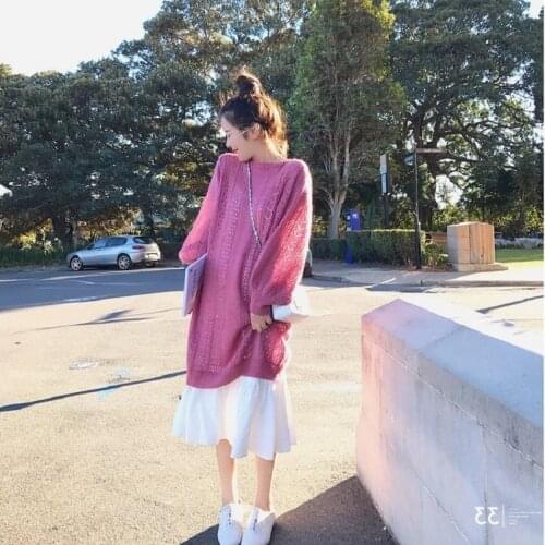 2020 Autumn Women Fashion Mujer Round Neck Hollow Out Solid Color Minimalist Pullover Knit+White Off Shoulder Dress C609