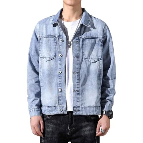 2021 Spring Denim Jacket Men Jeans Coat Cotton Turndown Collar Long Sleeve Single-Breasted Fashion Light Blue Bomber Clothes