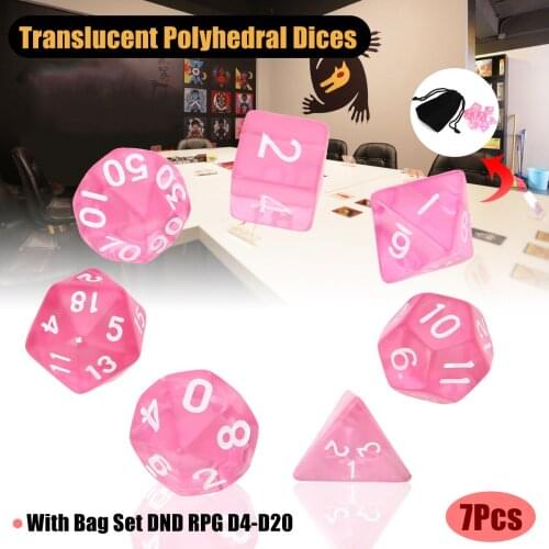 7Pcs Pink Translucent Polyhedral Cute D4-D20 Dices With Bag Set For Funny Table Games D20 D12 D10 D8 D6 D4