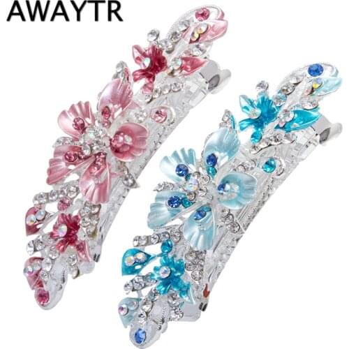 AWAYTR Sweet Wedding Metal Barrettes Flower Hairpin in Women' Hair Accessories Crystal Rhinestones Hair Clips