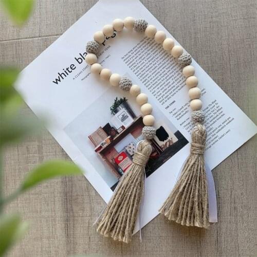 Bohemian Farmhouse Decor Wood Bead Garland Rustic Country Decor Wood Bead Garland with Tassels Home Wall Hanging Ornaments