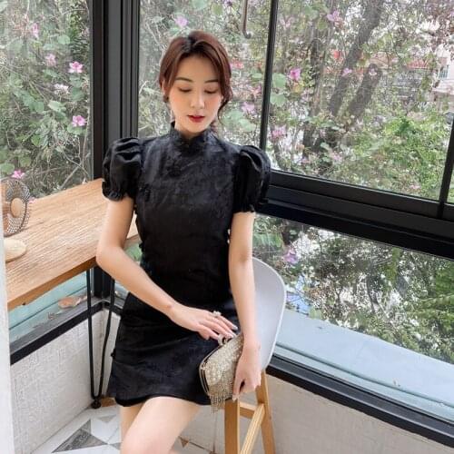 Cheongsam New Chinese Vintage Style Black Floral Printing Puff Sleeve Slim Short Dresses Summer Fashion Party Elegant Qipao 2021