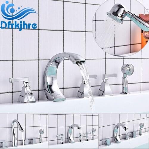 Waterfall Basin Faucet Deck Mounted Chrome Washbasin bathroom 5 Pcs Cold And Hot Water