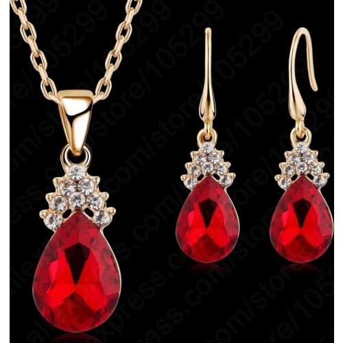 Classic Women Red Austrian Crystal Necklace/Earrings Pendant Set Yellow Gold Filled Water Drop Rhinestone Jewely Sets