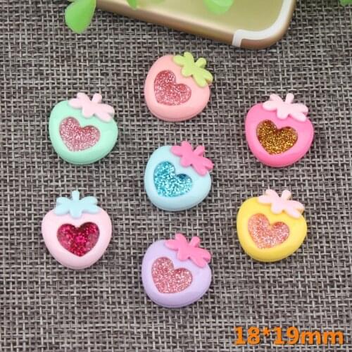 Mini Order Resin Cabochon Kawaii Glitter Palstic Fruit Strawberry Flatback Sticker Button Girl Hair Clip Bow Center DIY 10pcs