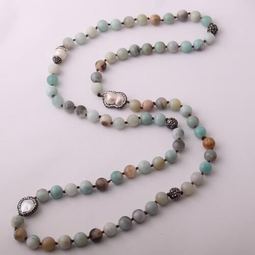 Fashion Knotted 10mm Amazonite Natural Stone Handmake Black Crystal Paved Pearl Charm Long Necklace