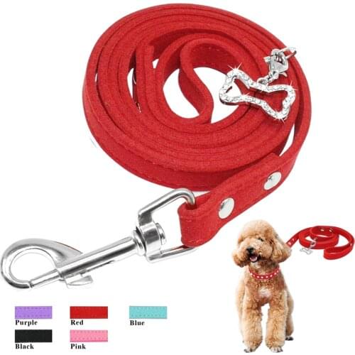 Soft Suede Leather Pet Dog Leash Cats Dogs Walking Lead Rope With Bling Rhinestone Bone Pendant Pet Cat Collar Leashes Strap