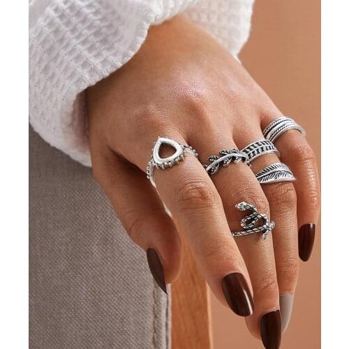6 Mix Shape Vintage Boho Silver Color Leaf Carved Rings Set Ethnic Bohemia Punk Totem Snake Heart Knuckle Finger Midi Ring