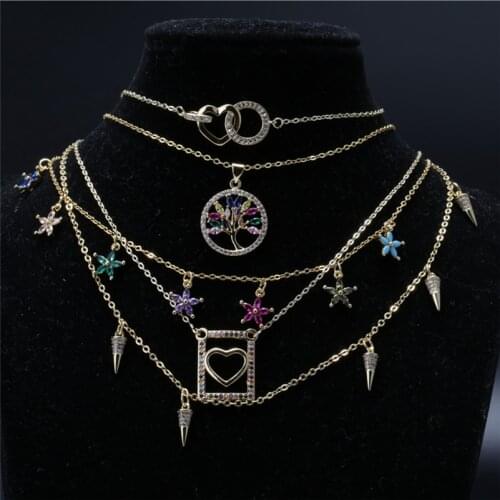 Cz micro paved metal heart tree of life rectangle round charm series with thin link pendant choker necklace collar for woman