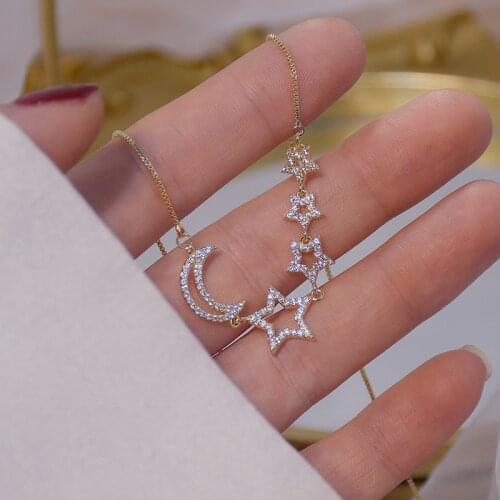 14k Gold Plated Pierced Star Necklace for Women Shining Bling AAA Zircon Moon Clavicle Chain Charm Wedding Pendant Jewelry