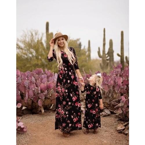 Mom And Daughter Dress Family Matching Clothes Floral Printed Long Dress For Mother Daughter Mommy And Me Clothes