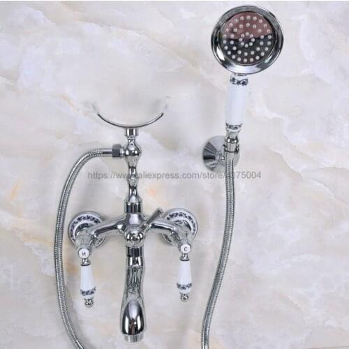 Polished Chrome Bathtub Mixer Faucet Dual Handle Bath Shower Set with Hand Shower Swivel Tub Spout Nna243