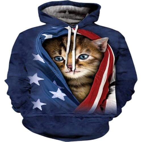 Flag Cat Sweatshirt Sports Fashion Long Sleeve 3D Hoodie Sweatshirt Trendy Pullover Tops Pullover Hoodie