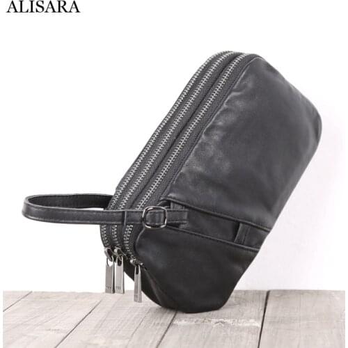 Alisara Mens Storage Clutch Bag First Layer Cow Leather Top End Quality Male Simple Zipper Organizer Hand Bags Cell Phone Purse