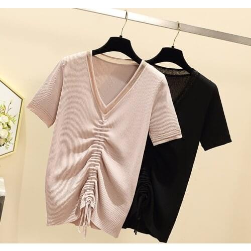 Oversized Summer Short Sleeve Korean Style Sweater V-Neck Knitted Pullover Women Sweaters Basic Thin Tops Pull Femme Jumper 2021