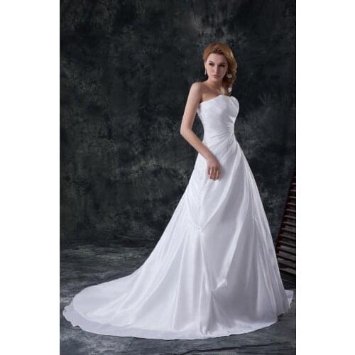 White Taffeta Beading Floor-Length Strapless A-Line Wedding Dresses Chapel Train Bridal Gowns Custom Made