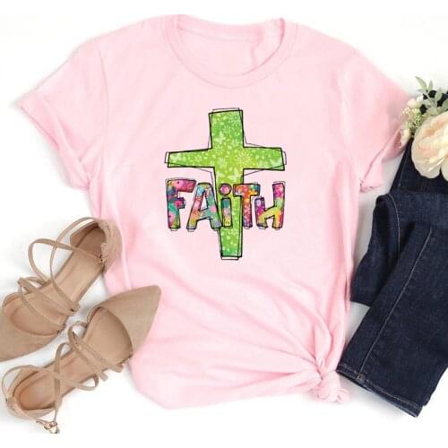 Faith Jesus Cross Tshirt Women Floral Printed Harajuku Jesus Church Graphic Tee Shirt Streetwear Christian Tops Dropshipping Tee