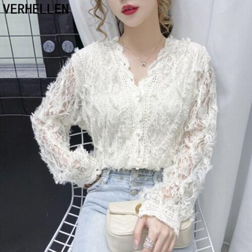 VERHELLEN Autumn 2020 new style feather tassel lace fashion hollow shirt female loose v-neck was thin top women
