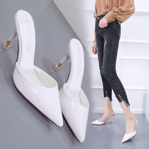 High Quality Soft PU Leather Clip Toe Women Slippers Summer Square Toe Sandals Stiletto Heels Ladies Dress Shoes