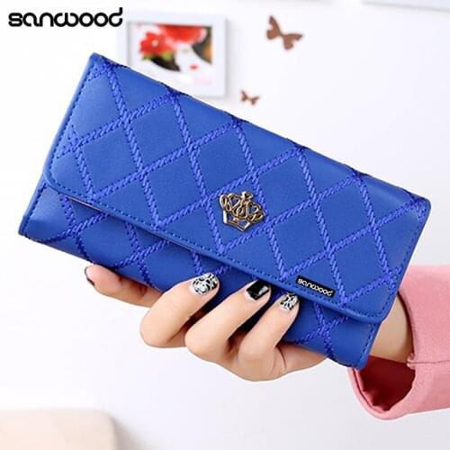 Womens Fashion Crown Rhombus Pattern Faux Leather Clutch Wallet Long Purse