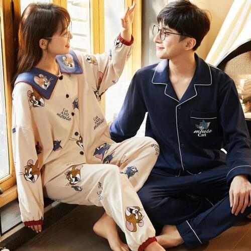 Womens Spring And Autumn Cotton Full Sleeve Suit Lovers Loose Cartoon Pajamas Set