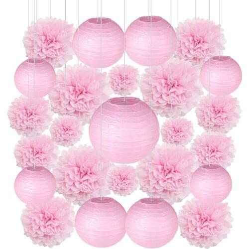 25pc/Set Round Tissue Paper Lantern Pom Poms Flower Balls Multicolor Wedding Party Babyshower Kid Birthday Decoration Supplies