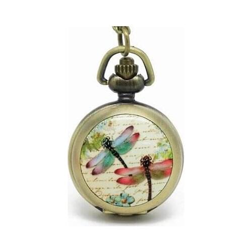 Antique Bronze Hollow Dragonfly enamel Quartz Pocket Watch Necklace Pendant Mens Gift PPP852