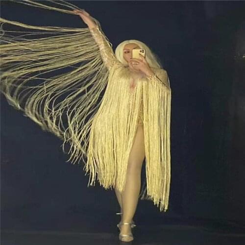 T69 Sexy female gold long tassel bodysuit birthday eveing dress party wears outfit stretch leotard dj tights dance costumes club