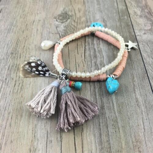 Bohemia Style Beach Sea Shell Bracelets Polymer Clay CCB Elastic Bead Tassel Bangles
