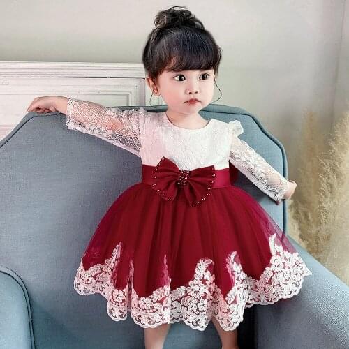 Kids Dress Lace Baby Girl Full Sleeve Princess Formal Costume Party Clothes For Girls Fashion Toddler Birthday Baptism Dress