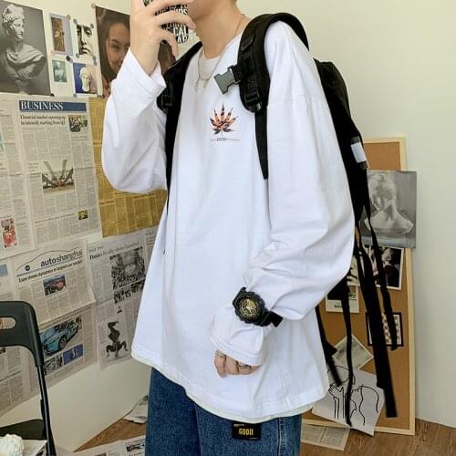Long Sleeve Autumn Oversized T Shirt for Men Flower Print O Neck Retro Harajuku Korean Fashion Cotton Couple Clothes Vintage