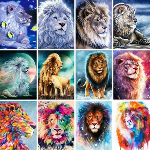 Huacan 5D Mosaic Diamond Beads Embroidery Lion Diamond Painting With Square Rhinestones Animal Bedroom Decoration