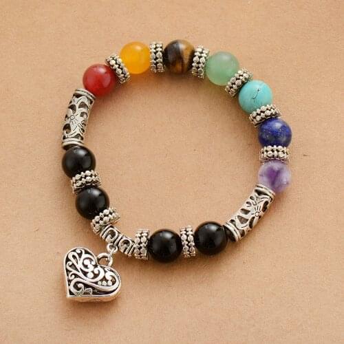 Classic 7 Chakra Bracelet Natural Stone Women Healing Balance Bracelets Heart Charm Mala Bracelet Jewelry