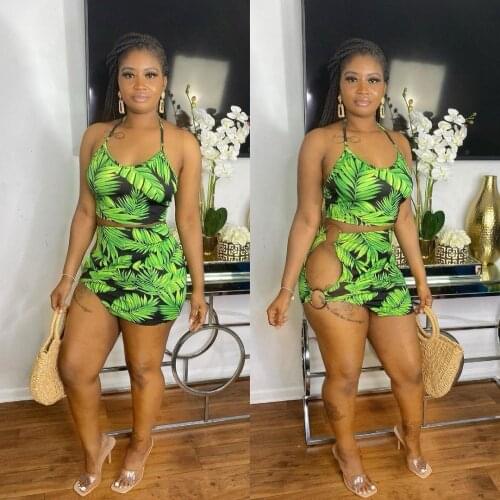 Echoine Green Leaves Print Halter Lace Up Backless Crop Top Mini Skirt Set Two Piece Set Sexy Bodycon Party Clubwear Outfits
