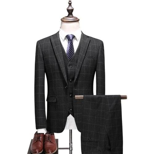 Jacket+Vest+Pants) 2021 Black Blue Men Suits Fashion Wool Mens Slim Fit Business Wedding Suit Men Wedding Suit Size S-4XL